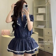 Beautiful women's dress, ruffled jean skirt with lace skirt and pants C697(Z1)