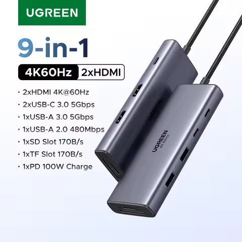 UGREEN USB C HUB Docking Station 9-in-1 with 2xHDMI Dual 4K@60Hz 5Gbps USB-A&C Data Port PD100W SD/T