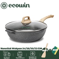 Ecowin 30CM/32CM Medical Stone Non Stick Wok Frying Pan with Lid Suitable for All Stoves,Induction Cookers