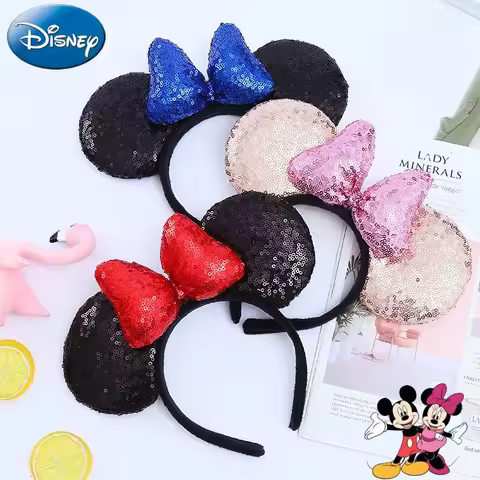 Disney Minnie Mickey Mouse Ears Christmas Headband Cute Cartoon Sequins 3D Bow Cosplay Ears Headband