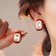 Red Diamond Dripping Oil Square Earrings Temperament All-Match Simple Earrings