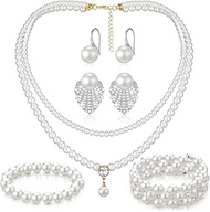 Pearl Rhinestone Jewelry Set for Women Pearl Necklace Bracelet Earrings for Wedding Birthday Bridal 