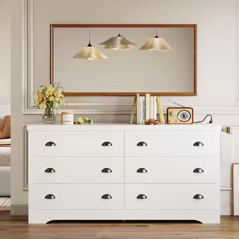 LIKIMIO Dresser for Bedroom 6 Drawer with Charging Station, 59 Inches White, TV Stand Storage Chest 