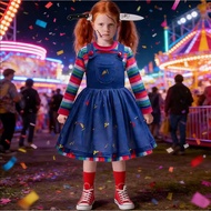 Girls Halloween Killer Costume Rainbow Striped Shirt With Dress For Kids Horror Chucky Cosplay Theme