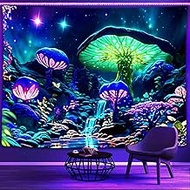 Psyhilar Blacklight Poster Mushroom Tapestry for Bedroom Aesthetic, Colorful Neon Forest Wall Art Bl