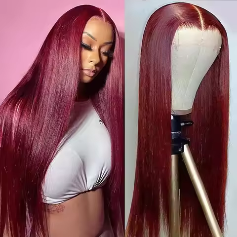 46 Inches 99j Burgundy 13x6 HD Lace Frontal Human Hair Wig 99J Straight Colored Human Hair Wig 200 D