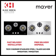 MAYER MMGH773HI / MMSS773HI 75CM 3 BURNER STAINLESS STEEL/GLASS GAS HOB - 2 YEARS MANUFACTURER WARRA