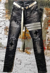 กางเกงยีนส์ฟอก ดำ หนังเทา Holdem Denim style