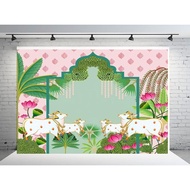 Cows Pink Lotus Green Backdrop Curtain Pooja Decor Wedding Backdrop Cloth Greh Parvesh Indian Ceremo