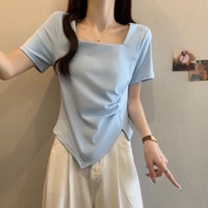 Women's Plus Size Summer T-Shirt - 92% Cotton 8% Spandex, Square Neck, Pleated Design