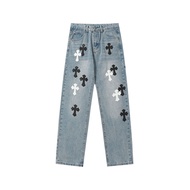 M4VA Chrome Hearts 24Correct version of cross leather label washed denim jeans, loose fit, street st