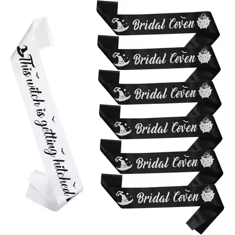 1/7Pcs Bachelorette Party Sash Set,Bridal Coven Sashes with Witch Hat and Jar Pattern for Bridal Wit