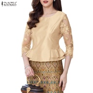 ZANZEA Women's Elegant Boat Neck Blouse with 3/4 Sleeves, Ruffled Hem and Lace Satin Stitching