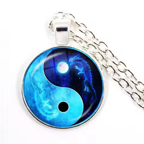 Yin Yang Necklace Tai Chi Unisex Time Stone Cabochon Glass Pendant Chain Dragon Moon Yin Yang Neckla