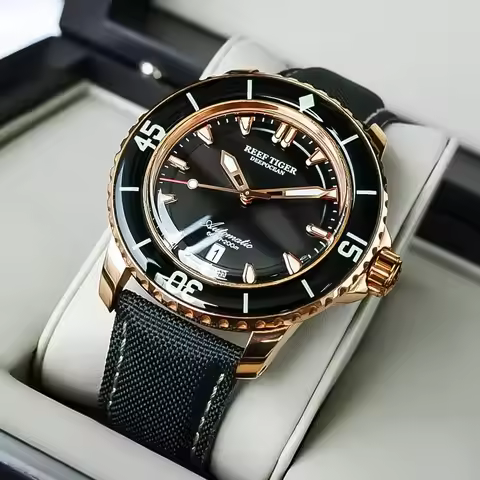 Reef Tiger Men's Rose Gold Dive Watch with Date Super Luminous Function Automatic Movement Nylon Str