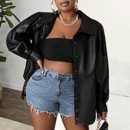 Plus Size Thanh lịch & Đi lại & Mặc hàng ngày Tích hợp Jet Black Arc Hem Lantern Tay áo Vải PU Áo kh