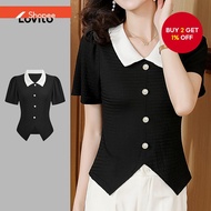 Women Elegant Patchwork Split Front Colorblock Fabric Stitching Blouse L132ED445