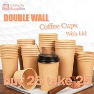 50pcs Double Wall Or Rippled Coffee Paper Cup 10oz 、14oz、18oz( Black | Brown) With Lid Or No Lid