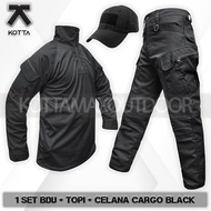 RIRUSHOP One Set of Long Sleeve Tactical BDU Shirts, Black Velcro Tactical Hats, Men's Tactical Carg