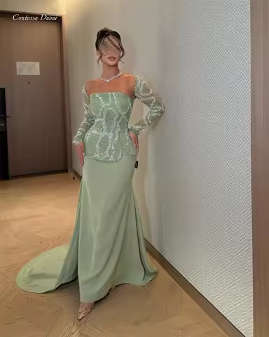 Contessa Custom elegant evening dress formal gown off shoulder lace sleeves sequin beaded peplum sat