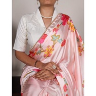 Pearl-Edged Floral Satin Saree