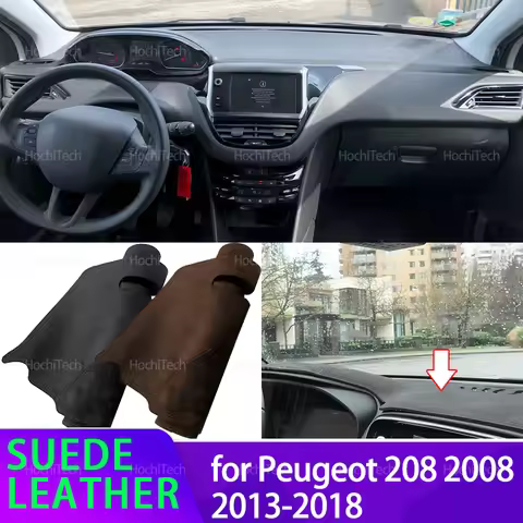 Dashmat Black/Brown Leather Dashboard Cover Suede Leather Dash Mat Pad Sunshade for Peugeot 208 2008