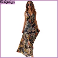 Women Vacation Dress Sleeveless V Neck Backless Floral Printing High Waist Drawstring Beach Dress Bo