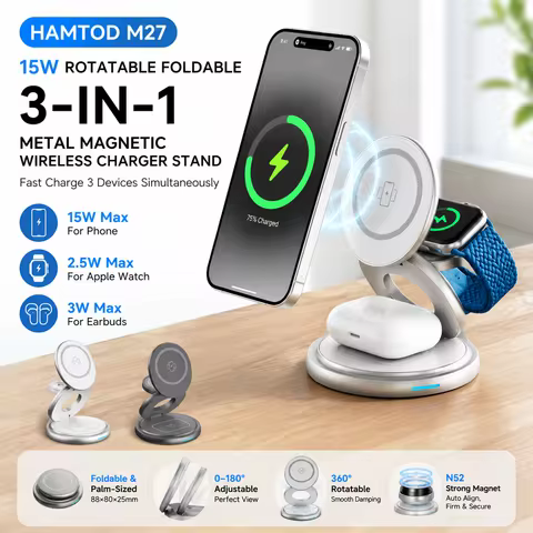 HAMTOD M27 15W Foldable Rotatable Wireless Charger Stand, 3-in-1 Metal Magnetic Dock for iPhone, App