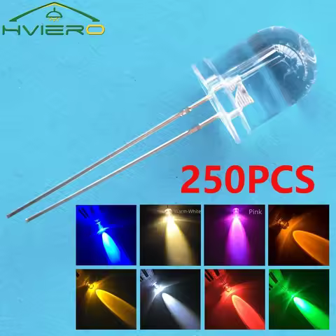 250Pcs 10mm F10 Round Top Ultra Bright Emitting Diode LED White Red Green Blue Yellow UV Pink Light 