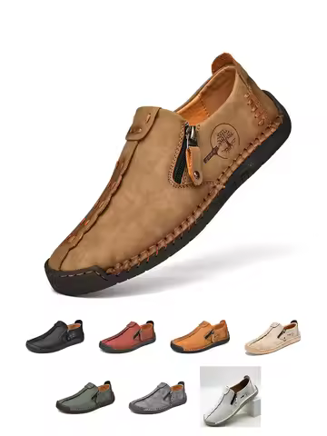 Men's Handmade Vintage Loafers, Stylish Side-Zip Casual Shoes, All-Season Everyday Wear Flat Shoes, 