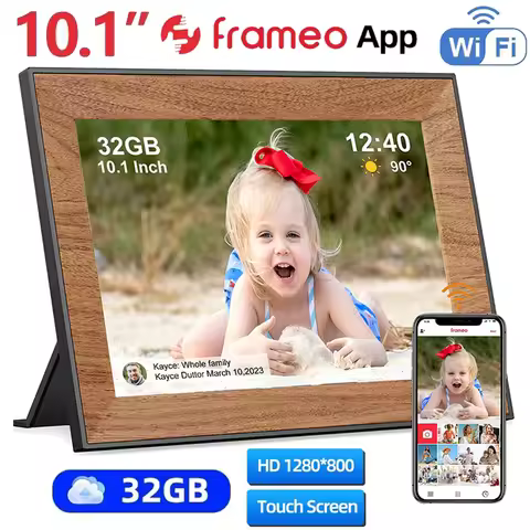 Frameo Smart Digital Photo Frame WiFi 10.1Inch Wooden Frame HD IPS Touch Screen Digital Picture Fram