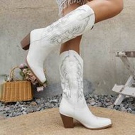 Women's Western Style Pointed Toe Mid-Calf Boots, Embroidered Chunky Heel Cowboy Boots,Cowgirl Boots