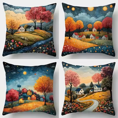 4-Piece Vibrant Scenery Pillow Covers with Zipper – Colorful Houses, Lush Trees & Winding Paths