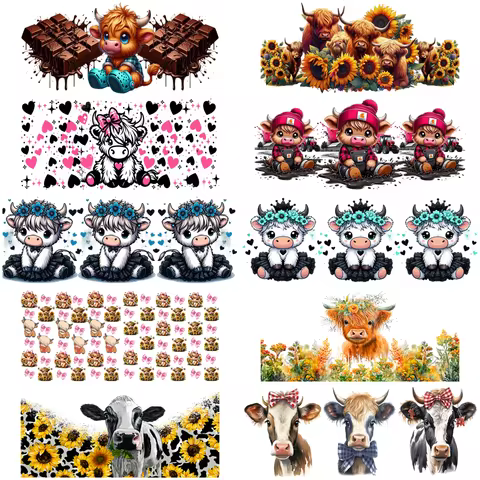 Highland Cow Series 3D UV DTF Cartoon Decal For 16oz Libbey Glass Can Cup Highland Cattle UV DTF Cof