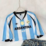 Women's Summer Short Sleeve V-Neck Argentina Football Team Jersey Top With Contrast Color Letter Pri
