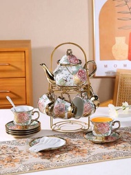 3/20入組,/700ml/24oz,白色茶具套裝,包括陶瓷茶壺、茶杯、茶碟、金屬支架,適用於成人的歐式陶瓷茶具套裝,花卉茶具套裝,女性專屬有花卉圖案