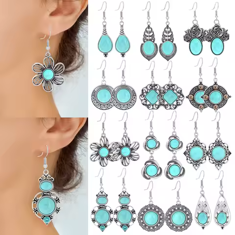Ethnic Style Drop Earrings with Turquoise Boho Classy Party Decors Daily Wear Dainty Chic Eardrop Ea