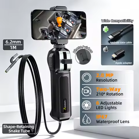 AOSUN 6.2mm Lens Two-way 210°Articulating Endoscope Camera 2.0MP for Android Ios Tablet Endoscope wi