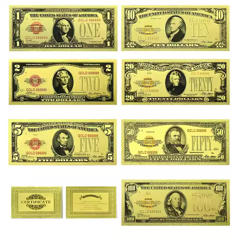 US Dollars Gold Foil Banknotes 1-100 Dollars High Quality Plastic Money with Certificate Uncurrent