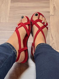 Sandalia Dama Huarache Mujer Roja Perlas Tiras Comoda Suela Baja Con Broche  Antiderrapante Tallas 22 a 27 (Perlas rojas)