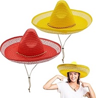 4E's Novelty 2 Pack Sombrero Hats, Red & Yellow Sombrero Party Hats With Chinstrap - for Fiesta Cinc