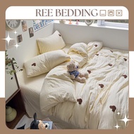 Bộ chăn ga gối Cotton đũi REE Bedding hoạ tiết tai gấu nhỏ CTD249 M5 BE VÀNG nhiều màu đủ size giườn
