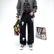 HYQ9 Chrome Hearts Four-season cross-stitch leather patch stretch jeans for couples