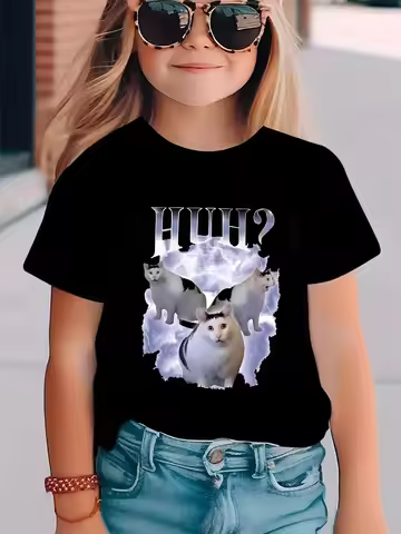 Meme Cat Saying Huh? Kawaii Design Print T Shirts Kids Children's T-shirt Casual Boys Girls Summer S