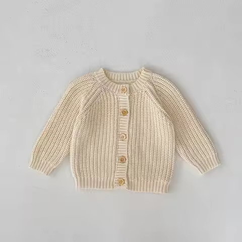 Simple Beige Color Baby Cardigan Sweater Long Sleeved Solid Color Knitted Sweater Cardigan Jacket Au