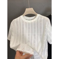 Men's T-shirt2025 Ice Silk Mesh Short-Sleeved T-Shirt Men's Hollow Solid Color Round Neck T-Shirt Lo