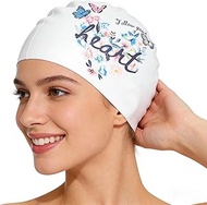Adult Women Swimming Caps with Pretty Flower Print, Woman Silicone Swim Cap, High-Elastic Fits Long 