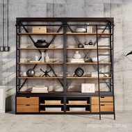 loftAmerican Industrial Style Wrought Iron Bookcase Shelf Floor Solid Wood Multi-Layer Living Room Storage Full Wall Bookcase Retro
