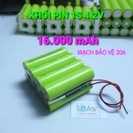 Khối pin 1s 3.7V - 4.2V 16.000 mAh - Xả 20A. Khối pin được đóng từ 8 cell pin 18650 mới + Mạch bảo v
