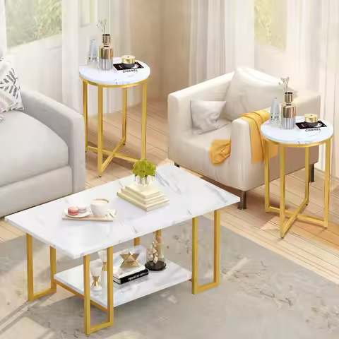 Coffee Table Set of 3, Modern 2-Tier Coffee Table with 2 Round End Side Tables, Modern Living Room T